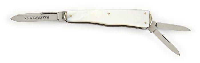 C. PRE-1920S WINCHESTER TRADEMARK MADE IN USA MOTHER OF PEARL HANDLE GUNSTOCK WHITTLER ORANGE