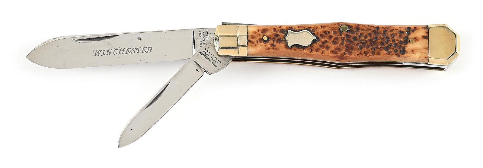 C. PRE-1920S WINCHESTER TRADEMARK MADE IN USA BONE HANDLE COFFIN BOLSTER GUNSTOCK JACK KNIFE PATTERN (1 of 8)