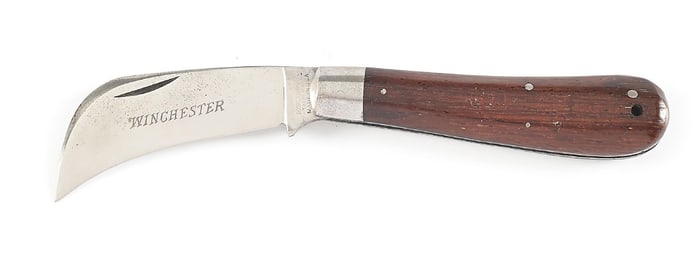 C. PRE-1920S WINCHESTER TRADEMARK MADE IN USA ROSE WOOD HANDLE HAWKBILL KNIFE PATTERN 1610.
