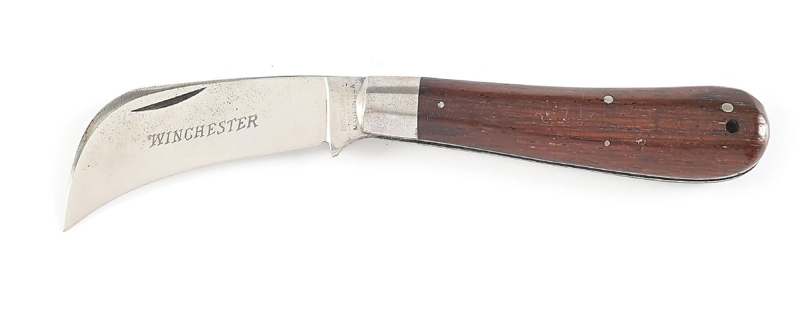 C. PRE-1920S WINCHESTER TRADEMARK MADE IN USA ROSE WOOD HANDLE HAWKBILL KNIFE PATTERN 1610.: Appears unused and unsharpened. Blade is tang stamped “WINCHESTER TRADEMARK USA” on obverse and “1610” on reverse. Main blade is fully etched “WINCHESTER”. Blade op