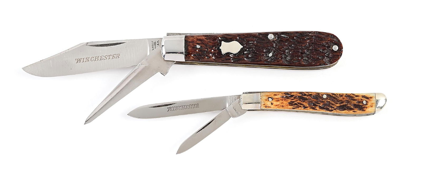 LOT OF 2: WINCHESTER JACK KNIVES.: Lot consists of: (A) Winchester 2951 harness/punch blade jack. Appears unused and unsharpened. Main blade is tang stamped “WINCHESTER TRADEMARK MADE IN USA” and fully etched “WINCHES