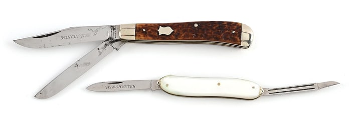 LOT OF 2: WINCHESTER KNIVES INCLUDING ETCHED TRAPPER AND MOTHER OF PEARL LOBSTER.