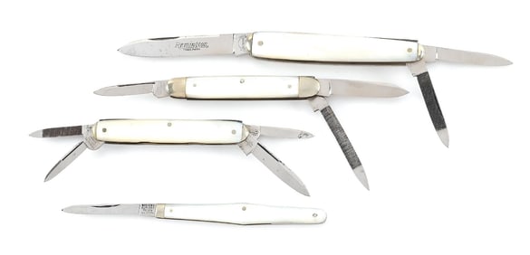 LOT OF 4: MOTHER OF PEARL HANDLE WHITTELR, SENATORS, QUILL KNIVES, REMINGTON, CARRIER, H. BOKER,