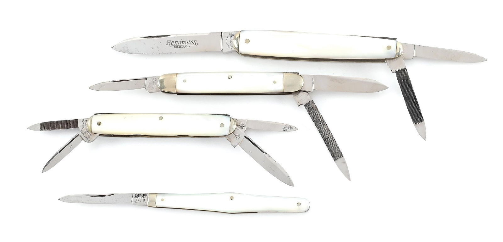 LOT OF 4: MOTHER OF PEARL HANDLE WHITTELR, SENATORS, QUILL KNIVES, REMINGTON, CARRIER, H. BOKER,: Lot consists of: (A) Appears unused and unsharpened. Whittler. “REMINGTON UMC surrounded by Made In USA” tang stamped and fully etched “REMINGTON TRADE MARK” on obverse main bl