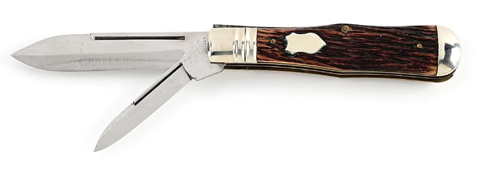 CHALLENGE C.C. BRIDGEPORT, CONN. ETCHED TWO BLADE MEDIUM COKE BOTTLE JACK WITH BONE HANDLES.