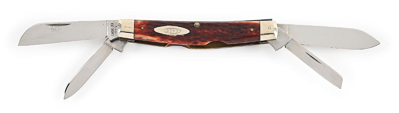 C. 1965-1969 XX USA TRANSITION USA TO XX 6488 FOUR BLADE CONGRESS WITH JIGGED RED BONE HANDLES.: Appears unused and unsharpened. The regular pull main blade is tang stamped “CASE XX USA” on the obverse, and “6488” on the reverse. Large spear blade is tang tamped