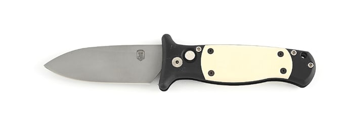 C. 1990S ROB DALTON SOLDIER OF FORTUNE PUSH BUTTON SWITCHBLADE. PARACHUTE LOGO. RED HANDLES.