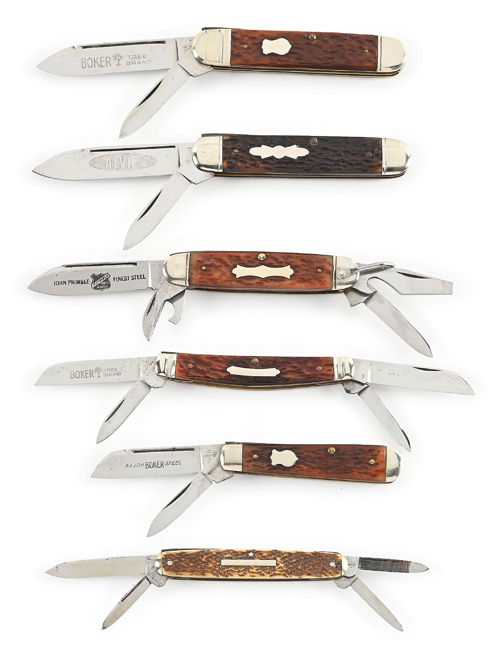 LOT OF 6: BOKER AND JOHN PRIMBLE SOLINGEN GERMANY CIGAR, SCOUT, SENATOR, AND CONGRESS POCKET KNIVES.: Lot consists of: (A) Appears unused and unsharpened. “BOKER USA” tang stamped and “BOKER TREE BRAND” fully etched on main blade obverse. Marked “9471” on reverse.