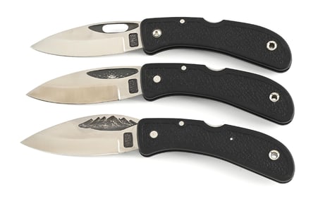 LOT OF 3: EARLY DAVID BOYE USA BDS CARBIDE CRYSTAL BLADE LOCK BACK KNIVES.