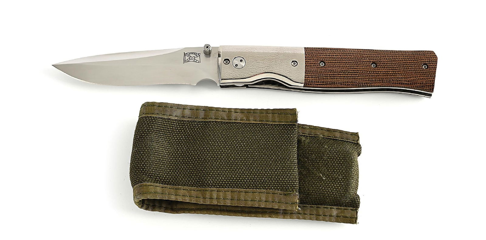 CUSTOM MADE WALTER BREND MODEL 2 LINER LOCK FOLDER #040.: Appears unused and unsharpened. Blade is marked “BREND” in a South Carolina flag on obverse and “040” on reverse. Thumb stud opener. Titanium bolsters and liners. Green canvas
