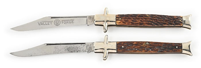 LOT OF 2: BRIDGE CUTLERY CO. AND VALLEY FORGE CUTLERY CO. BONE HANDLE FISHTAIL BOWTIE POCKET KNIVES.