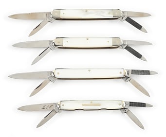 LOT OF 4: BRUCKMANN AND WESTER BROS. MOTHER OF PEARL FOUR BLADE SENATOR POCKET KNIVES.