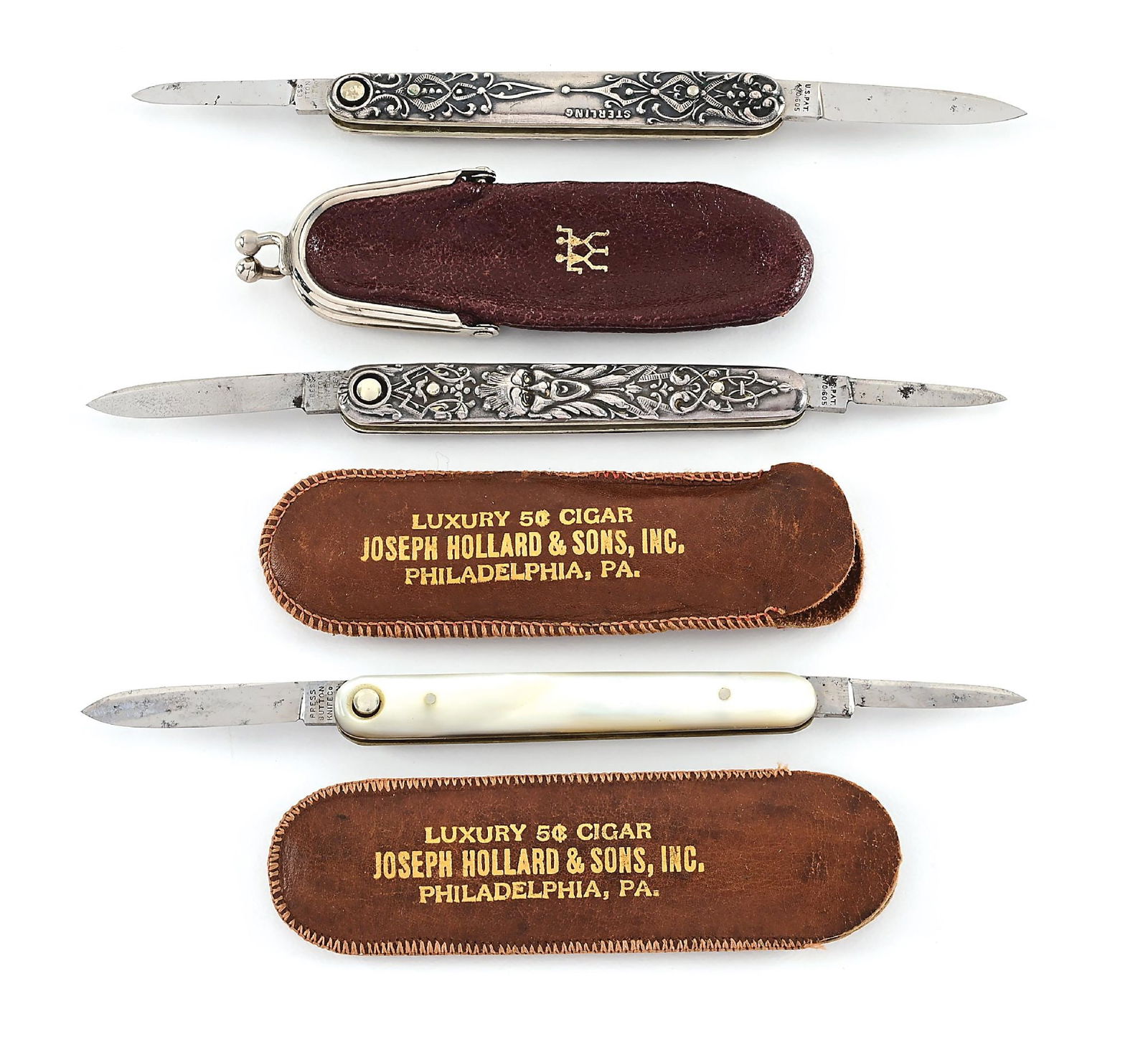 LOT OF 3: PRESS BUTTON KNIFE CO. WALDEN, NY U.S. PAT 470605 DOUBLE BLADE SWITCHBLADES.: Lot consists of: (A) Appears unused and unsharpened. Both blades are tang stamped “PRESS BUTTON KNIFE CO. WALDEN, NY” on obverse and “U.S. PAT 470605” on reverse. Nickel silver