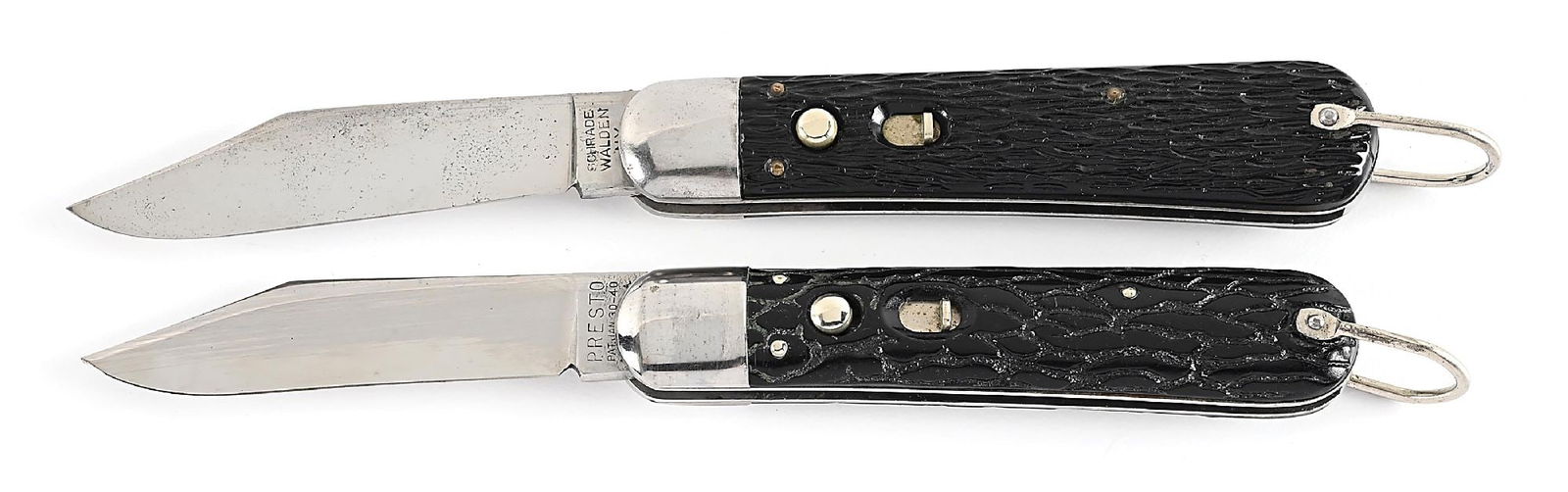 LOT OF 2: SCHRADE WALDEN, NY M2 PARATROOPER WITH BAIL, AND A PRESTO PAT. JAN 30-40 MADE IN USA M2: Lot consists of: (A) C. Post 1948 SCHRADE WALDEN, NY M2 PARATROOPER Switchblade knife.Appears unused and unsharpened. The blade is tang stamped “SCHRADE WALDEN, NY” the obverse. Jigged