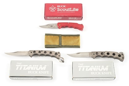 LOT OF 3: BUCK LOCK BACK FOLDERS, 412 SCOUT, 186 TITANIUM FOLDING HUNTERS