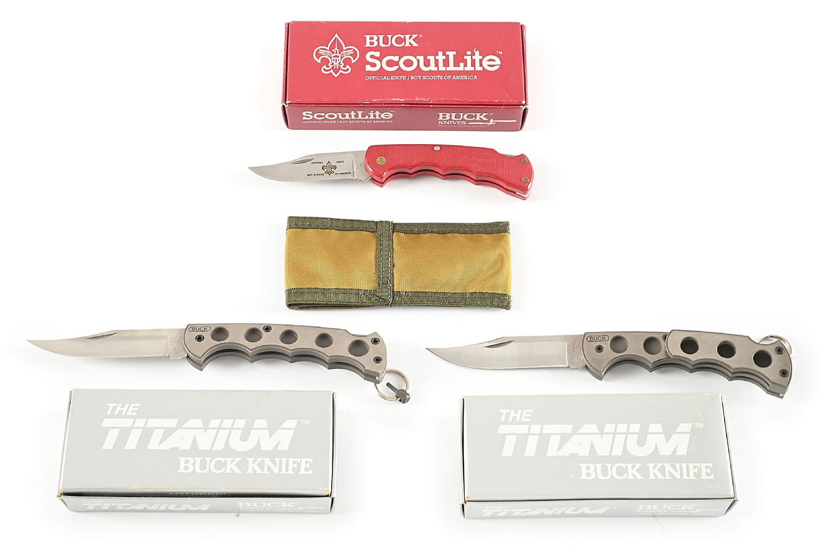 LOT OF 3: BUCK LOCK BACK FOLDERS, 412 SCOUT, 186 TITANIUM FOLDING HUNTERS (1 of 9)
