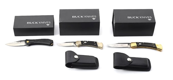 LOT OF 3: BUCK ELITE AUTOMATIC LOCK BACK KNIVES.