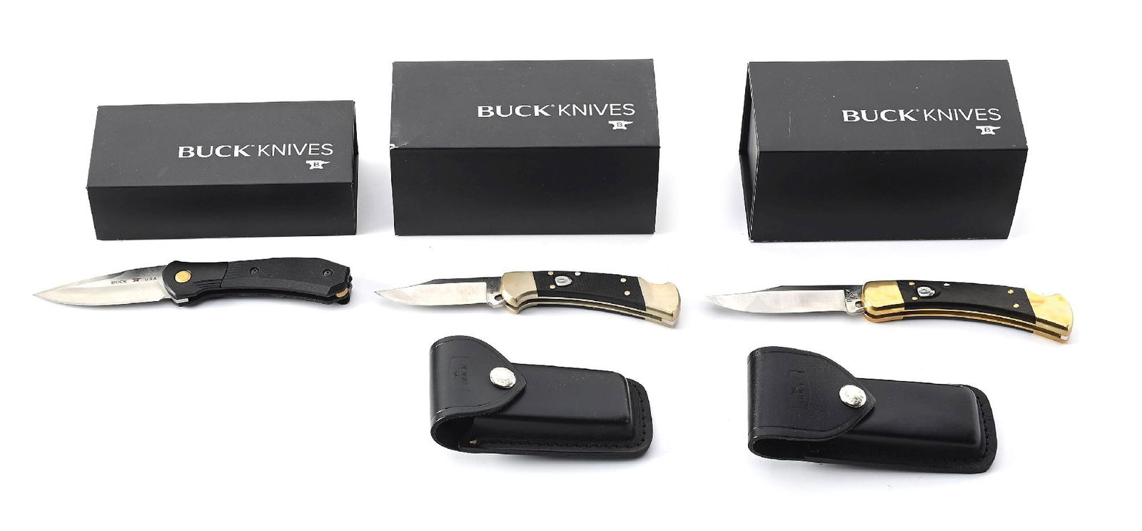 LOT OF 3: BUCK ELITE AUTOMATIC LOCK BACK KNIVES. (1 of 12)