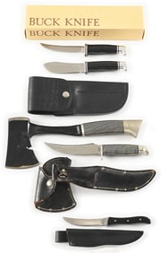 LOT OF 3: FIXED BLADE HUNTING KNIVES AND SHEATHS. BUCK TWIN SET, WESTERN KNIFE AX, BUCK 107 SCOUT