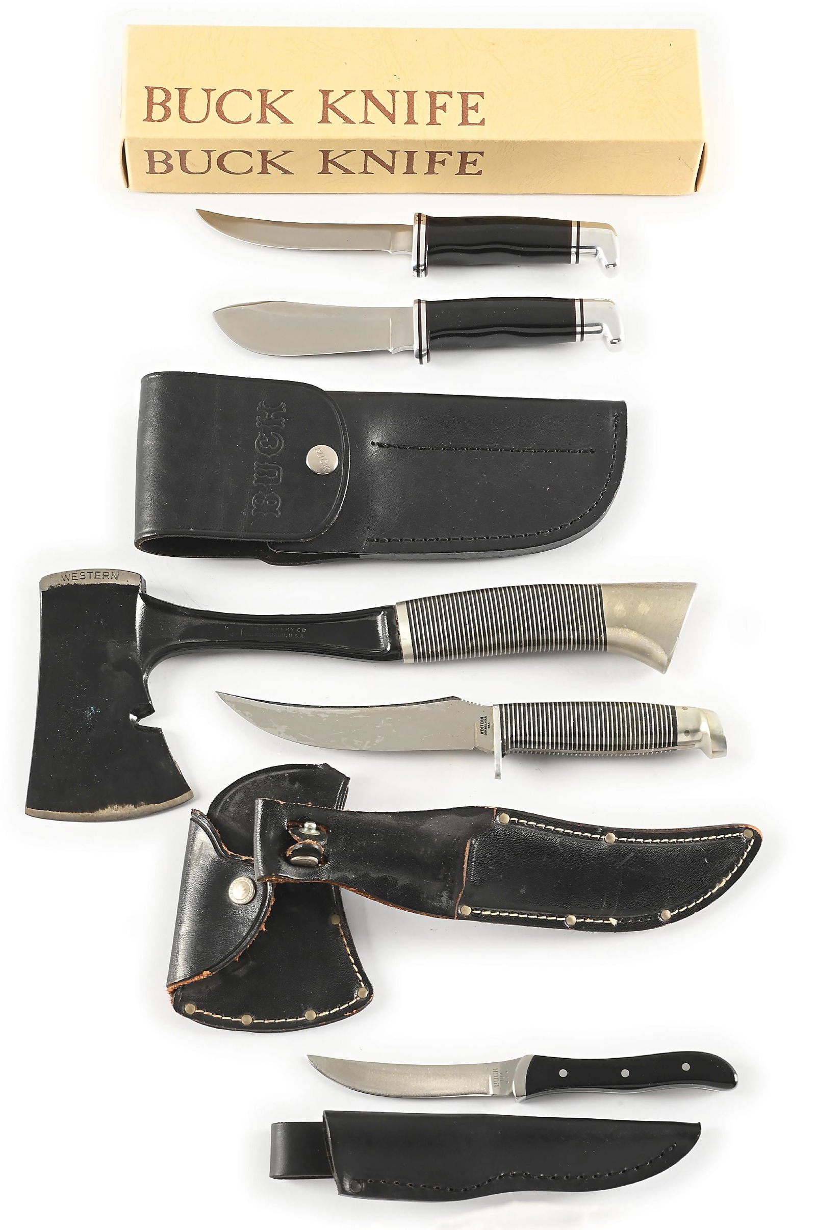 LOT OF 3: FIXED BLADE HUNTING KNIVES AND SHEATHS. BUCK TWIN SET, WESTERN KNIFE AX, BUCK 107 SCOUT: Lot consists of: (A) Appears unused and unsharpened. Buck 104 USA twin set in original box and sheath. Black buckarta handles. Buck 103 and Buck 118 knife. CONDITION: Excellent. (B) Appears unused and