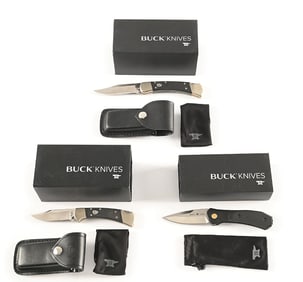 LOT OF 3: BUCK ELITE AUTOMATIC LOCK BACK KNIVES.