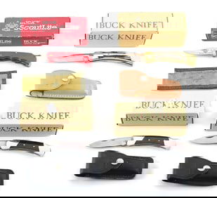 LOT OF 4: BUCK FOLDING LOCK BACK KNIVES IN ORIGINAL BOXES.