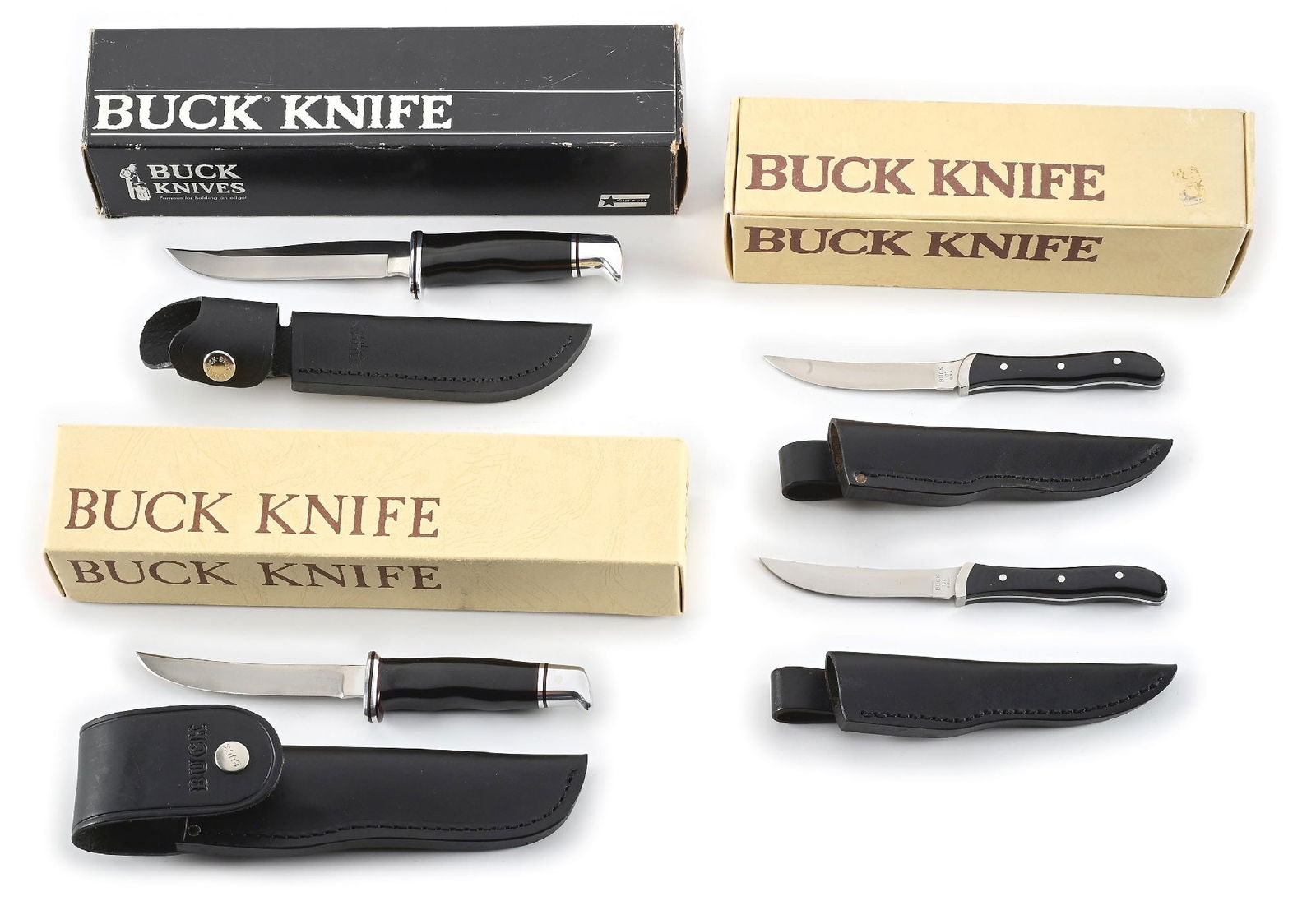 LOT OF 4: BUCK USA FIXED BLADE HUNTING KNIVES ALL IN ORIGINAL BOXES.: Lot consists of: (A) Appears unused and unsharpened. Original box with papers. Buck 105 USA with original sheath. CONDITION: Excellent. (B) Appears unused and unsharpened. Original box with papers. Bu