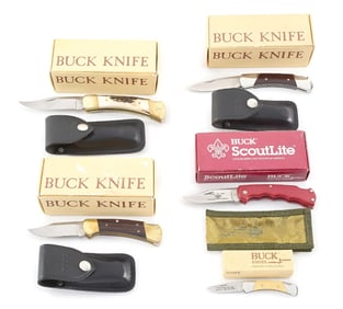 LOT OF 5: BUCK FOLDING LOCK BACK KNIVES IN THE ORIGINAL BOXES.