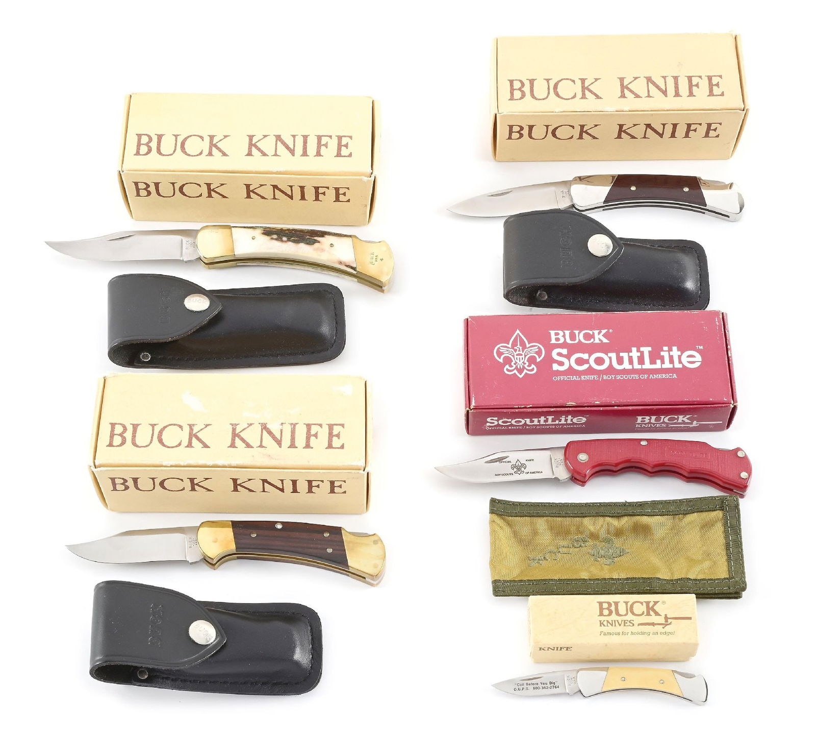 LOT OF 5: BUCK FOLDING LOCK BACK KNIVES IN THE ORIGINAL BOXES. (1 of 8)