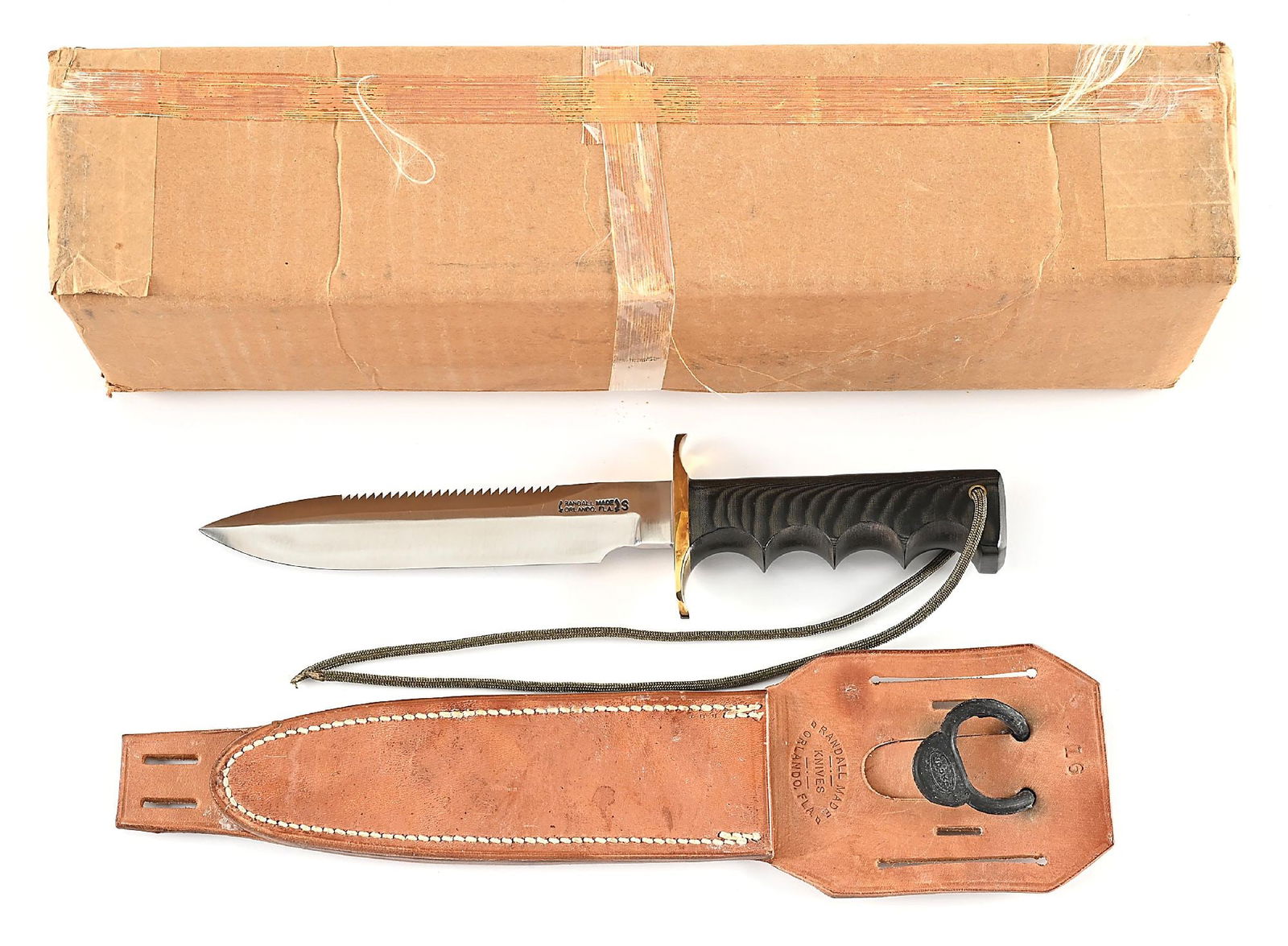 BOXED RANDALL MODEL 16 DIVER.: Randall Model 16 Diver with clip point blade marked "RANDALL MADE / ORLANDO, FL" between Randall's signature scimitars and separate "S" denoting stainless steel construction. Serrated top edge. Blade