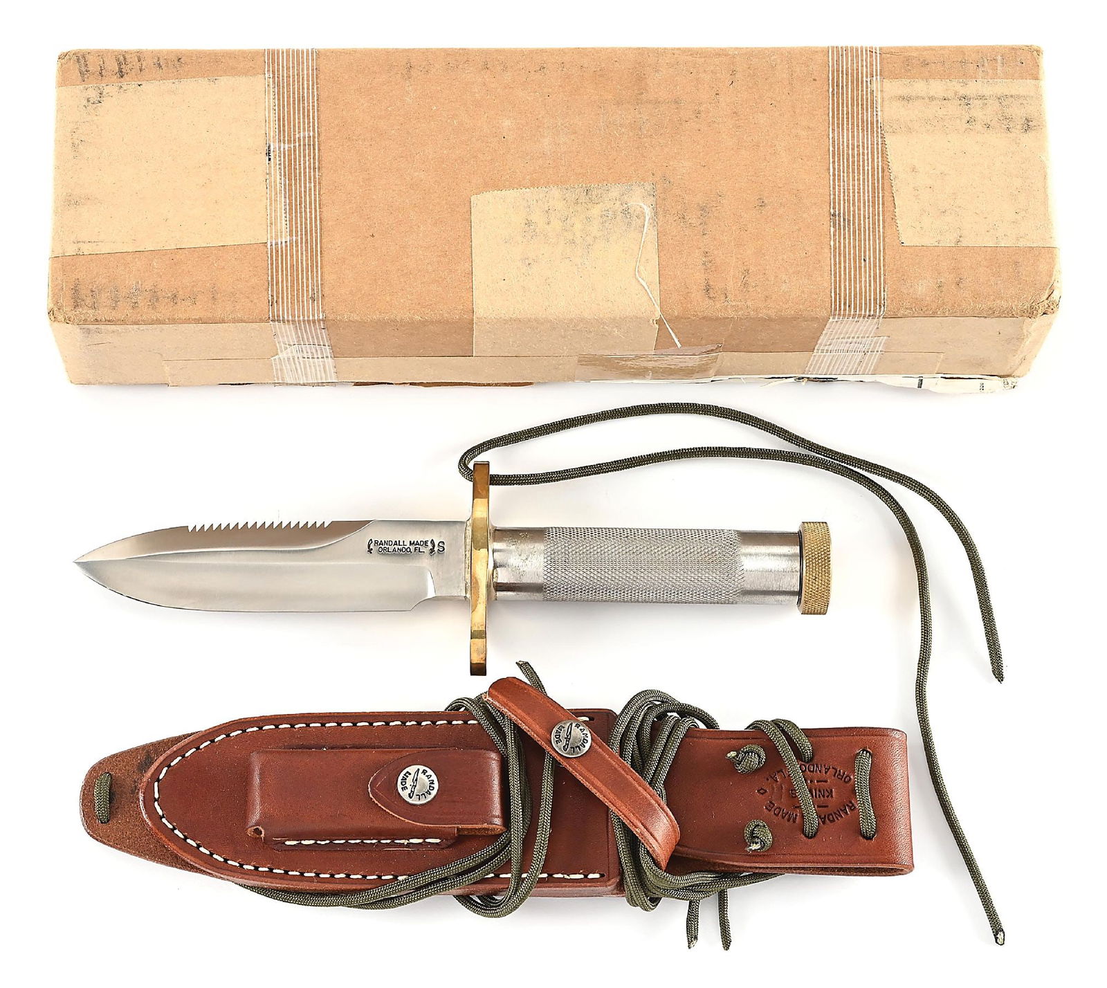 BOXED RANDALL MODEL 18 ATTACK SURVIVAL.: Randall Model 18 Attack Survival with drop point blade marked "RANDALL MADE / ORLANDO, FL" between Randall's signature scimitars and separate "S" denoting stainless steel construction. Blade is