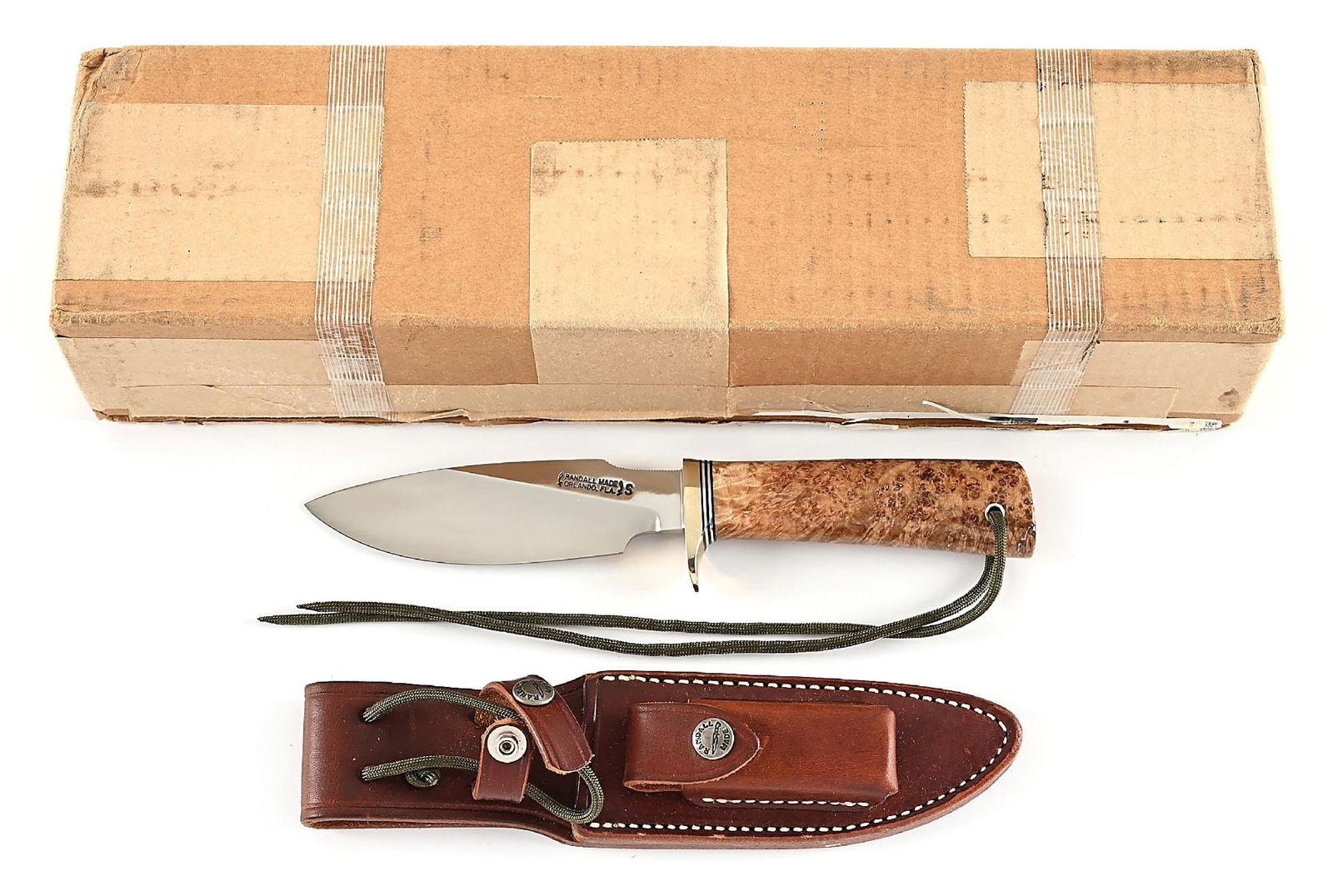 BOXED RANDALL MODEL 11-5 ALASKAN SKINNER.: Randall Model 11-5 with clip point blade marked "RANDALL MADE / ORLANDO, FL" between Randall's signature scimitars with separate "S" denoting stainless steel construction. Blade is bright with great