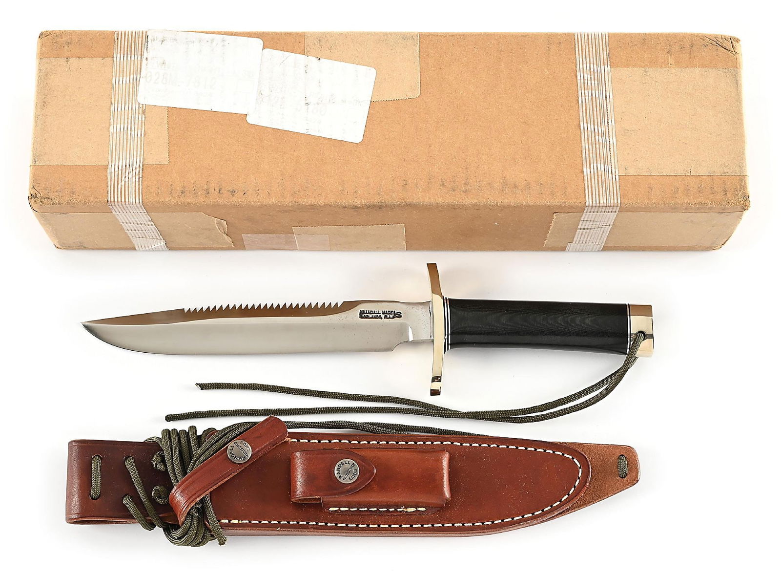 BOXED RANDALL MODEL 1-8 MICARTA ALL PURPOSE FIGHTER.: Randall Model 1-8 with clip point blade marked "RANDALL MADE / ORLANDO, FL" between Randall's signature scimitars and separate "S" denoting stainless steel construction. Blade also features serrated