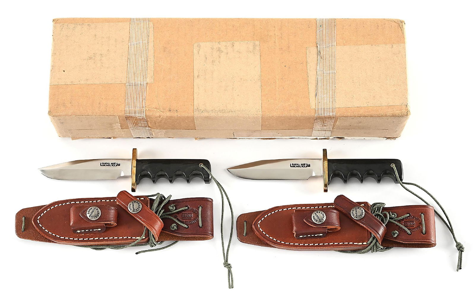 LOT OF 2: BOXED SEQUENTIAL NUMBERED RANDALL MODEL 14 ATTACK MINIATURE KNIVES.: Lot consists of two miniature Randall Model 14 attack knives which feature sequential serial numbers 2722 and 2723. The knives each feature stainless steel blades marked "RANDALL MADE / ORLANDO,