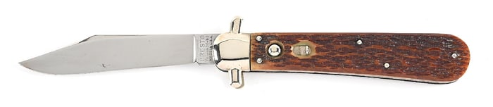 GEO. SCHRADE KNIFE CO. INC. PRESTO. JIGGED BONE HANDLE DERBY COVER BOLSTERS SWITCHBLADE.