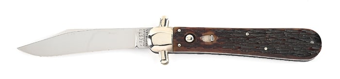 GEO. SCHRADE KNIFE CO. INC. PRESTO JIGGED BONE HANDLE DERBY COVER BOLSTERS SWITCHBLADE.