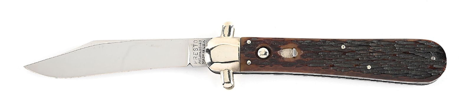 GEO. SCHRADE KNIFE CO. INC. PRESTO JIGGED BONE HANDLE DERBY COVER BOLSTERS SWITCHBLADE. (1 of 7)