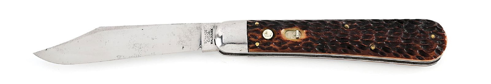 SCHRADE CUT CO. WALDEN, NY. OLD PICK BONE JIGGED BONE HANDLE SWITCHBLADE. (1 of 9)
