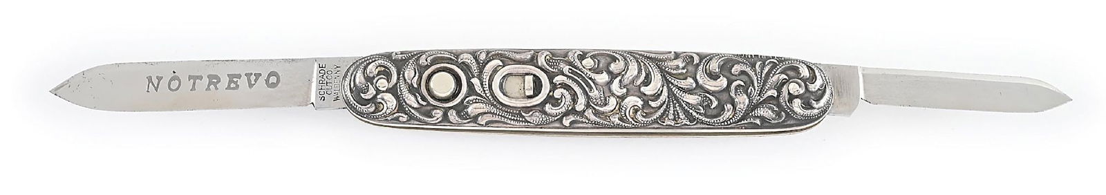 SCHRADE CUT CO. WALDEN, NY. TWO BLADED STERLING HANDLE SWITCHBLADE ETCHED “NOTREVO”. (1 of 9)