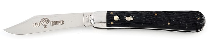 POST 1948 SCHRADE WALDEN, NY. PATTERN NO. 153. PARATROOPER ETCH. PEACH SEED JIGGED ROUGH BLACK