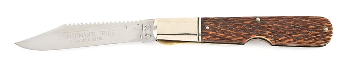 SCHRADE CUT CO. FISHERMAN’S PRIDE EZ OPEN STAINLESS STEEL PEACH SEED BONE LINER LOCK KNIFE.