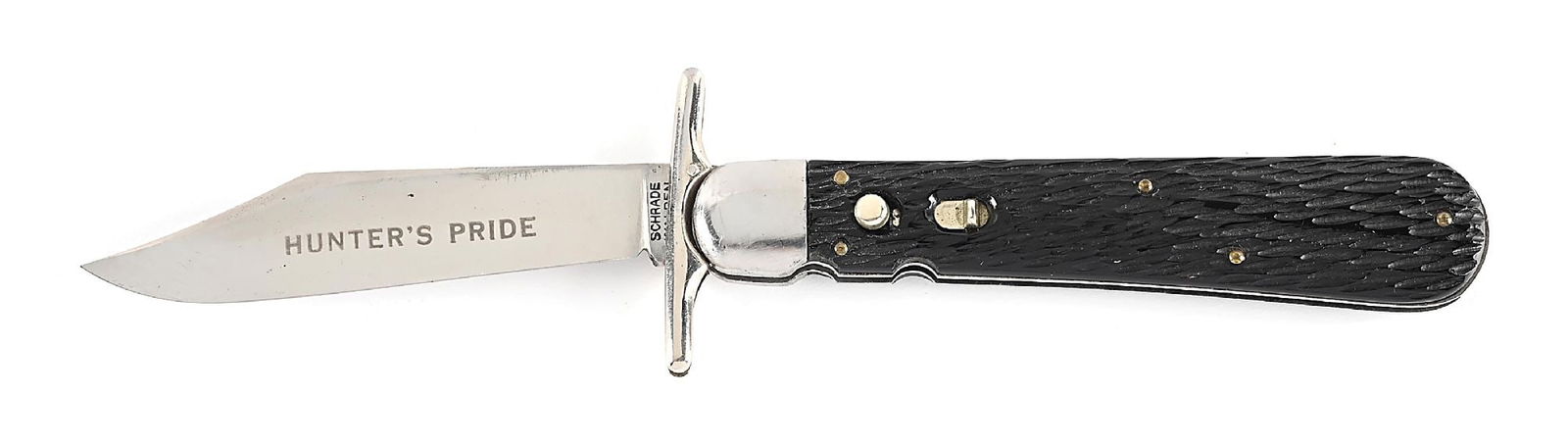 SCHRADE WALDEN, NY. PEACH SEED JIGGED ROUGH BLACK HANDLE HUNTER’S PRIDE FOLDING GUARD (1 of 6)