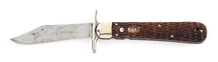 SCHRADE CUT CO. WALDEN, NY. PEACH SEED JIGGED BONE HANDLE HUNTER’S PRIDE FOLDING GUARD