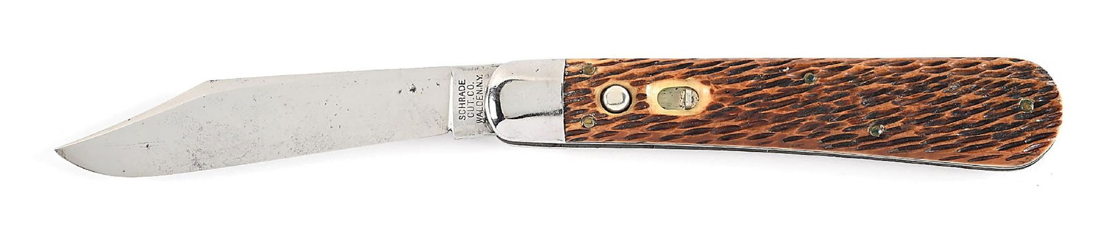 SCHRADE CUT CO. WALDEN, NY. PEACH SEED JIGGED BONE HANDLE SWITCHBLADE. (1 of 7)