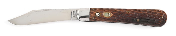 SCHRADE CUT CO. WALDEN, NY. PEACH SEED JIGGED BONE HANDLE SWITCHBLADE.