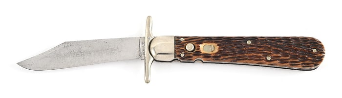 SCHRADE CUT CO. WALDEN, NY. PEACH SEED JIGGED BONE HANDLE HUNTER’S PRIDE FOLDING GUARD