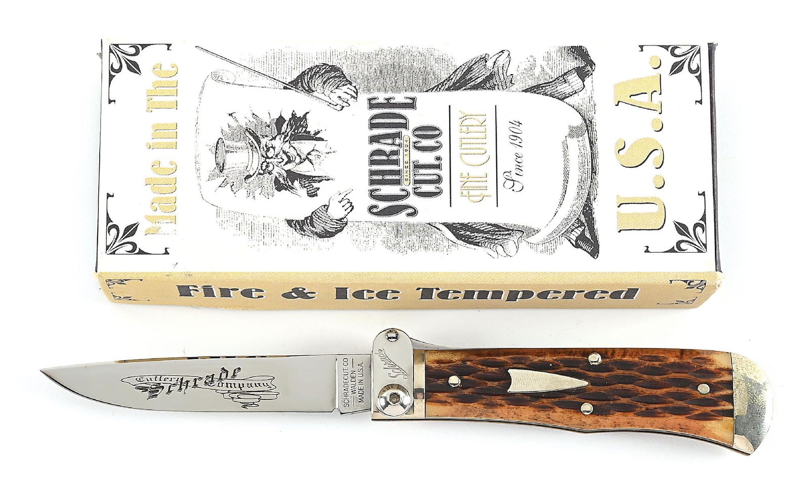 SCHRADE CUT CO. WALDEN, NY FIRE & ICE SUSA5 LEVER LOCK SWITCHBLADE IN ORIGINAL BOX. (1 of 9)