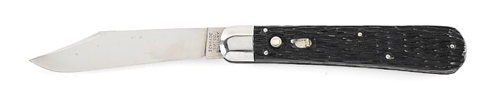 SCHRADE CUT CO. WALDEN, NY. JIGGED ROUGH BLACK PEACH SEED HANDLE SWITCHBLADE.