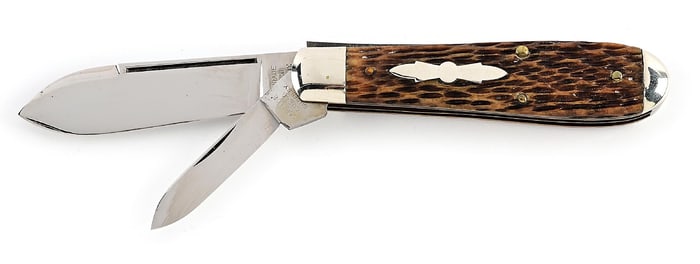 SCHRADE CUT CO. WALDEN, NY PEACH SEED BONE HANDLE SWELL END JACK.