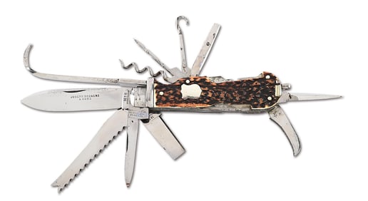 RARE PRE-1896 JOSEPH ROGERS & SONS NO. 6 NORFOLK ST., SHEFFIELD LARGE STAG HANDLE MULTI-BLADE